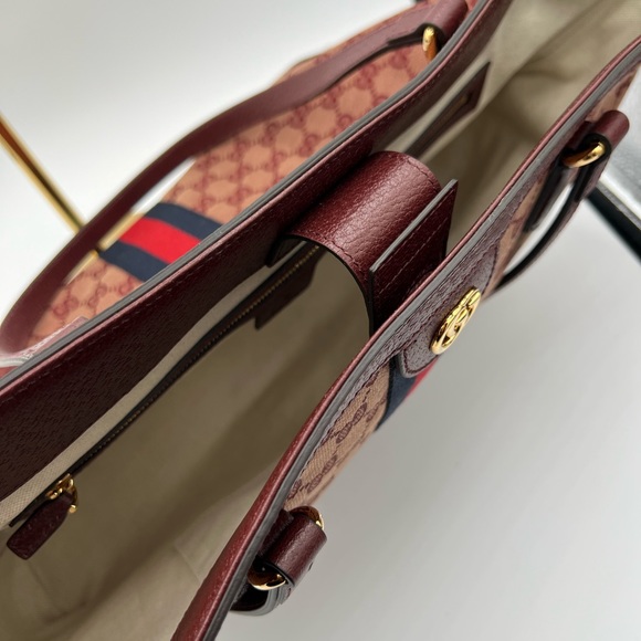 New Authentic Gucci Supreme Ophidia Tote Medium Burgundy GG Web Canvas/Leather - Picture 3 of 5
